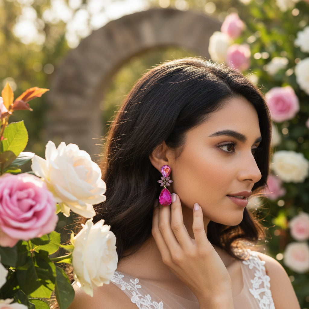 CUBIC ZIRCONIA COLLECTION - CRYSTAL DROP EARRINGS - CZER793 HOT PINK