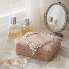 CUBIC ZIRCONIA COLLECTION - EXQUISITE DAISY PEARL NECKLACE SET - CZNK240 SILVER