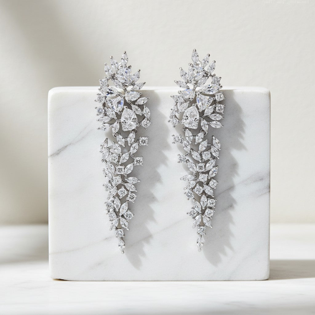 CUBIC ZIRCONIA COLLECTION - DAZZLE  CHANDELIER EARRINGS - CZER797 SILVER