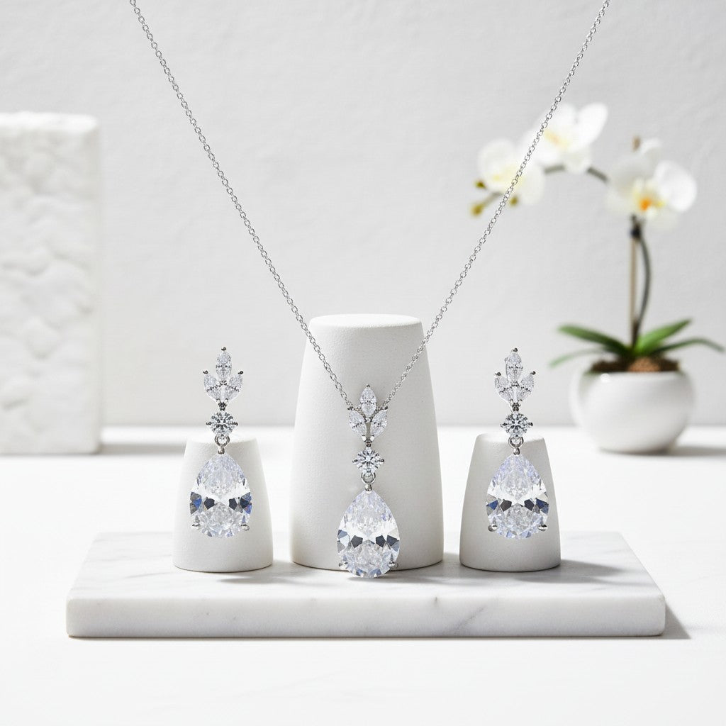 CUBIC ZIRCONIA COLLECTION - SIMPLY SPARKLE NECKLACE SET  - CZNK241 SILVER