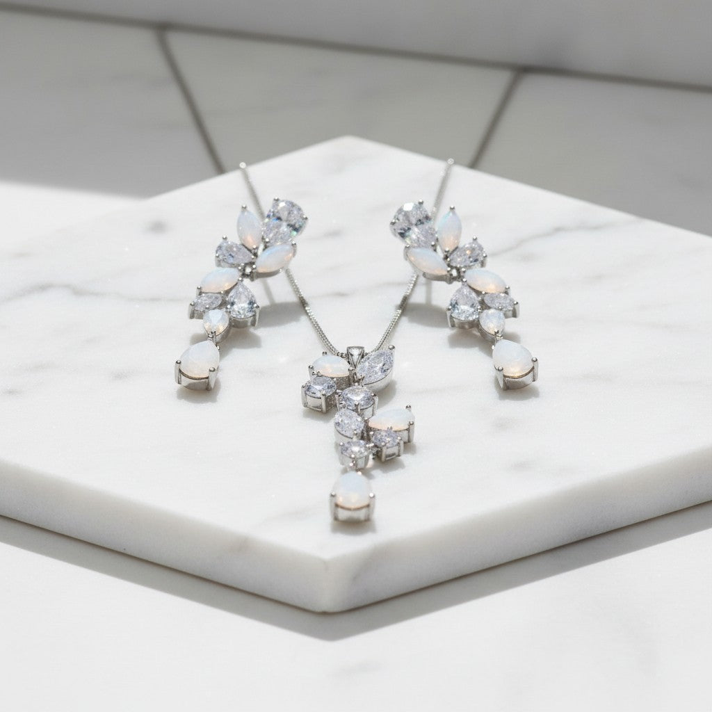 CUBIC ZIRCONIA COLLECTION - COUTURE OPAL SHIMMER NECKLACE SET - CZNK243 SILVER