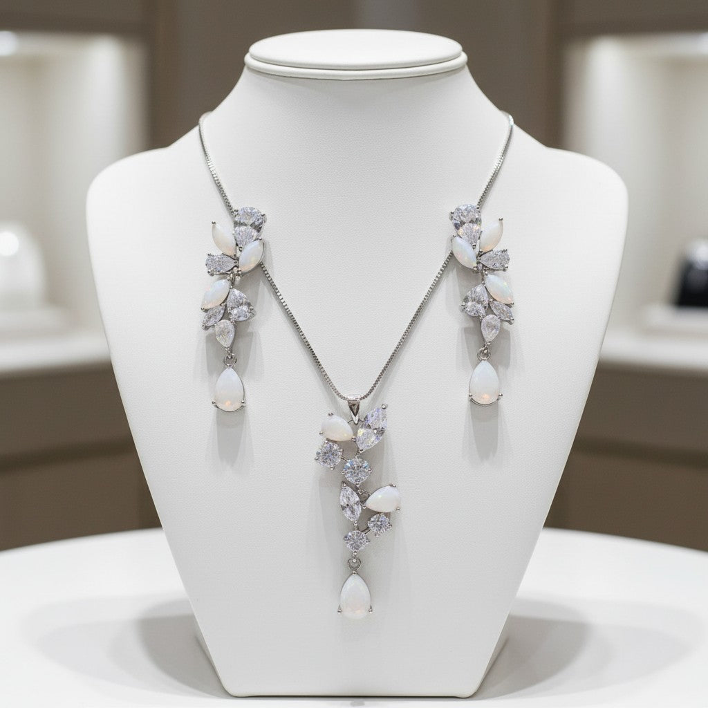 CUBIC ZIRCONIA COLLECTION - COUTURE OPAL SHIMMER NECKLACE SET - CZNK243 SILVER