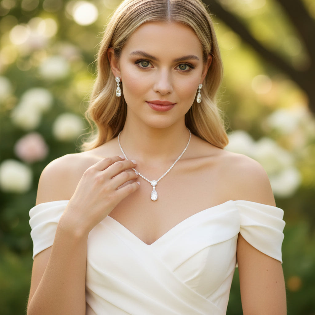 CUBIC ZIRCONIA COLLECTION - DAINTY STARLET GEM NECKLACE SET - CZNK244 SILVER
