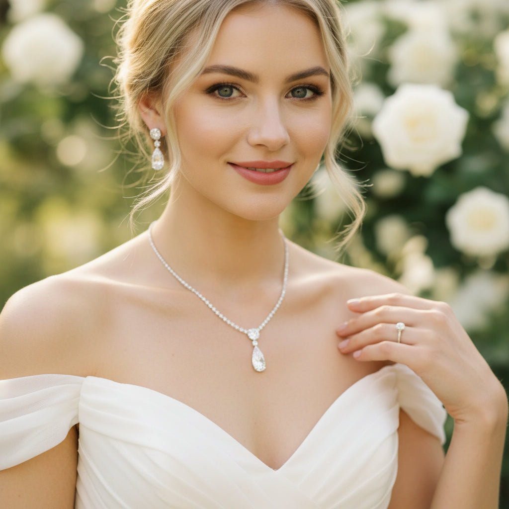 CUBIC ZIRCONIA COLLECTION - DAINTY STARLET GEM NECKLACE SET - CZNK244 SILVER