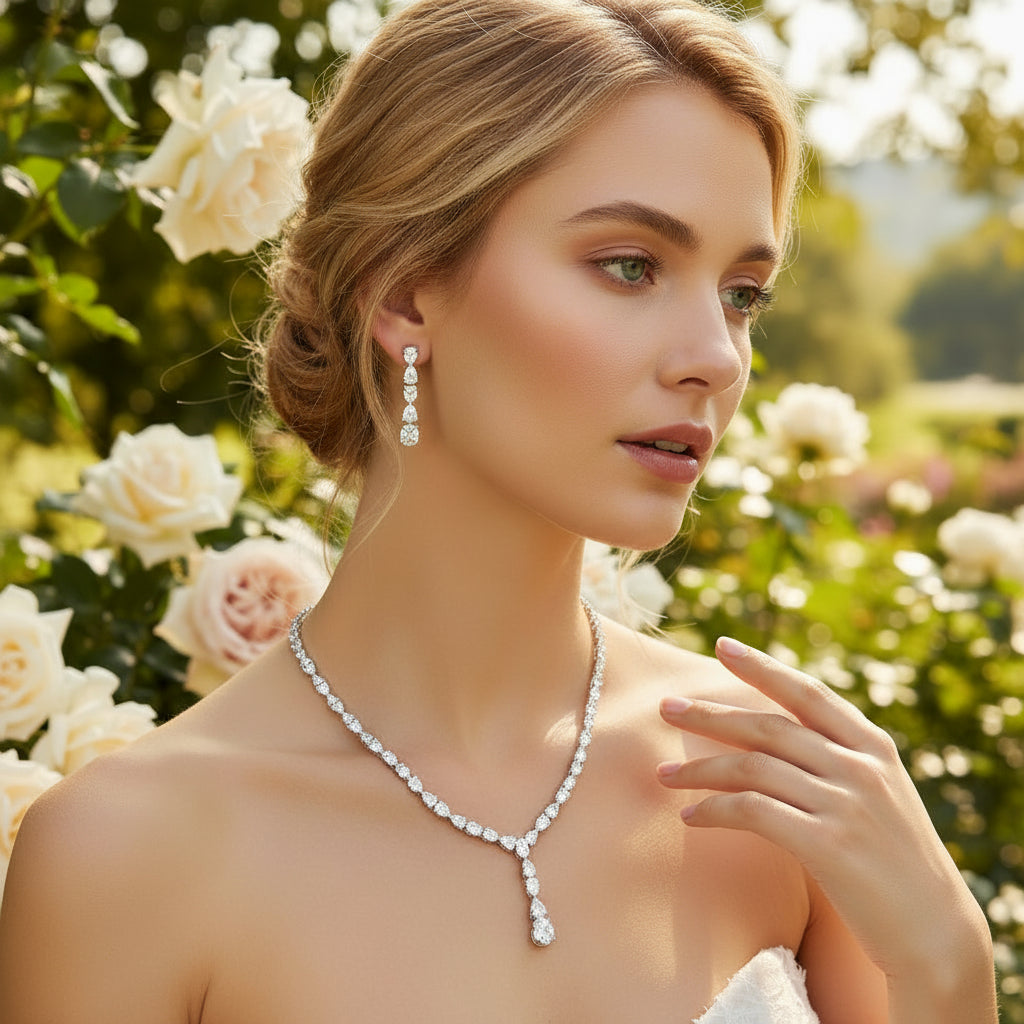 CUBIC ZIRCONIA COLLECTION - DAINTY DROP NECKLACE SET - CZNK160