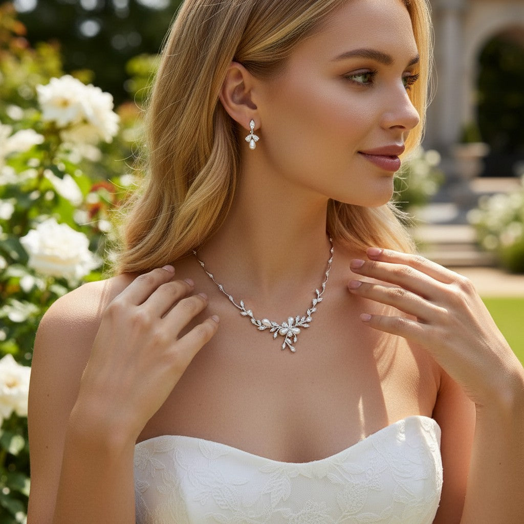 CUBIC ZIRCONIA COLLECTION - EXQUISITE PEARL NECKLACE SET - CZNK161