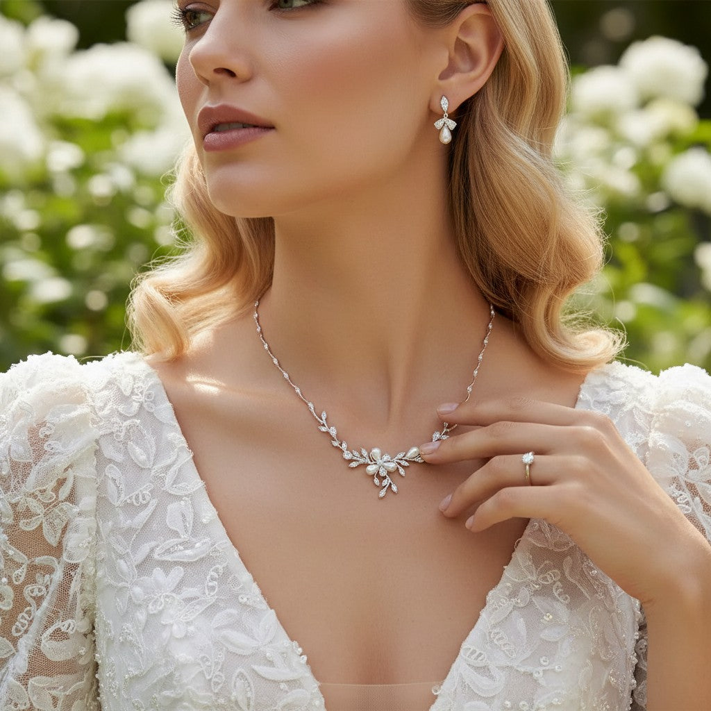 CUBIC ZIRCONIA COLLECTION - EXQUISITE PEARL NECKLACE SET - CZNK161