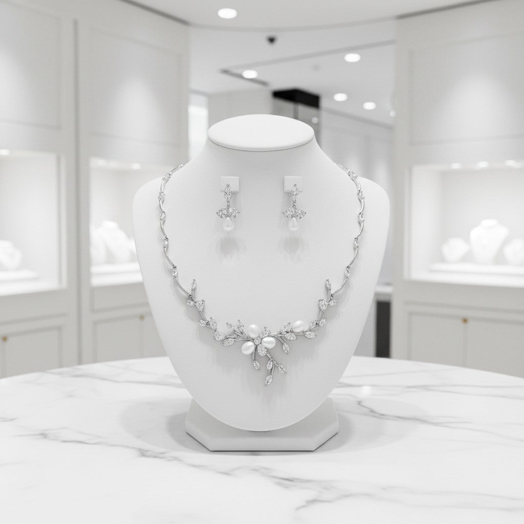 CUBIC ZIRCONIA COLLECTION - EXQUISITE PEARL NECKLACE SET - CZNK161