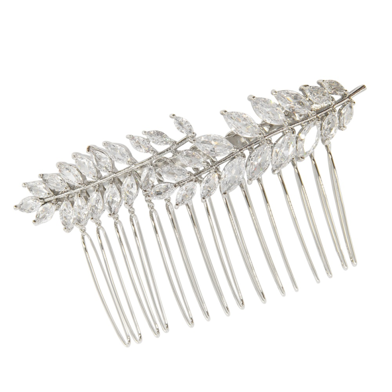 CUBIC ZIRCONIA COLLECTION - VINTAGE LEAF HAIR COMB - HC245 SILVER