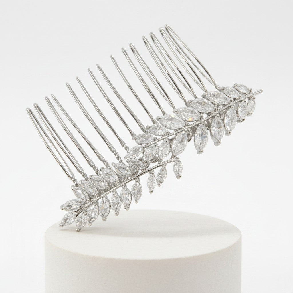 CUBIC ZIRCONIA COLLECTION - VINTAGE LEAF HAIR COMB - HC245 SILVER