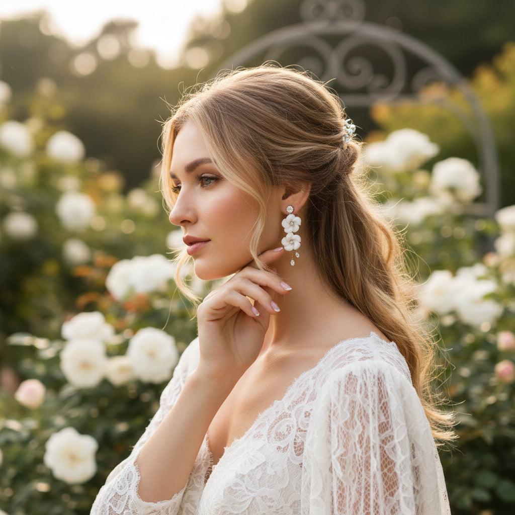 ATHENA COLLECTION - DAINTY FLOWER DROP EARRINGS - CZER651 SILVER