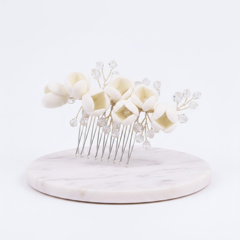ATHENA COLLECTION - FLORAL ROSE BUD COMB - HC246 SILVER