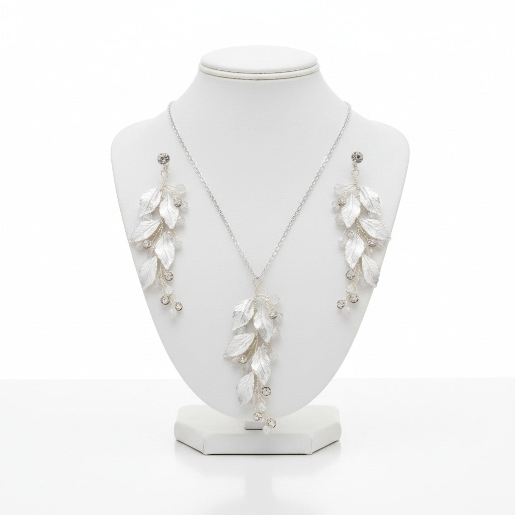 ATHENA COLLECTION - DIVINE LEAF NECKLACE SET  - CZNK163 SILVER