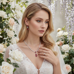 CUBIC ZIRCONIA COLLECTION - DAINTY STARLET GEM NECKLACE SET - CZNK244 RED