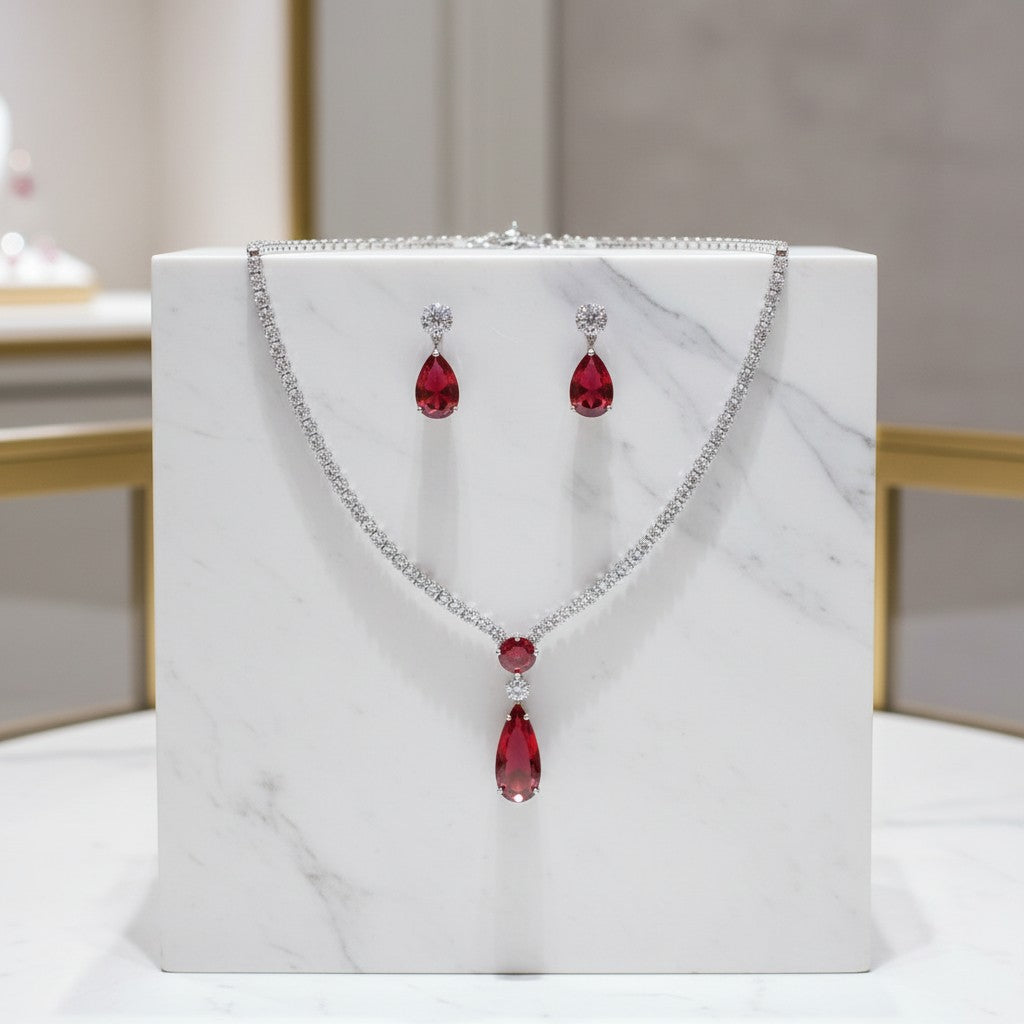 CUBIC ZIRCONIA COLLECTION - DAINTY STARLET GEM NECKLACE SET - CZNK244 RED