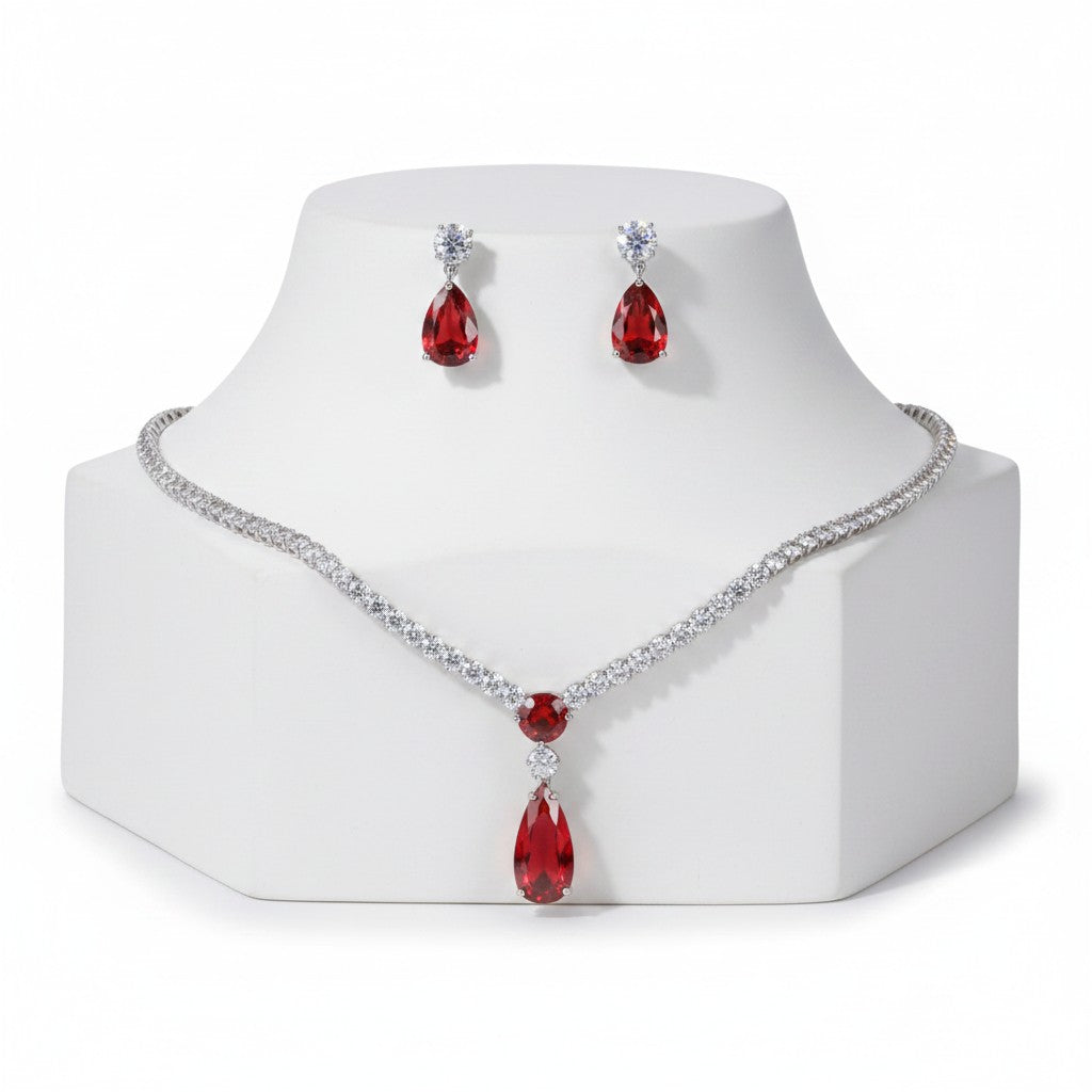 CUBIC ZIRCONIA COLLECTION - DAINTY STARLET GEM NECKLACE SET - CZNK244 RED
