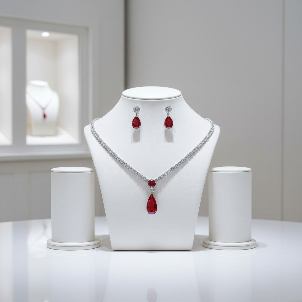 CUBIC ZIRCONIA COLLECTION - DAINTY STARLET GEM NECKLACE SET - CZNK244 RED
