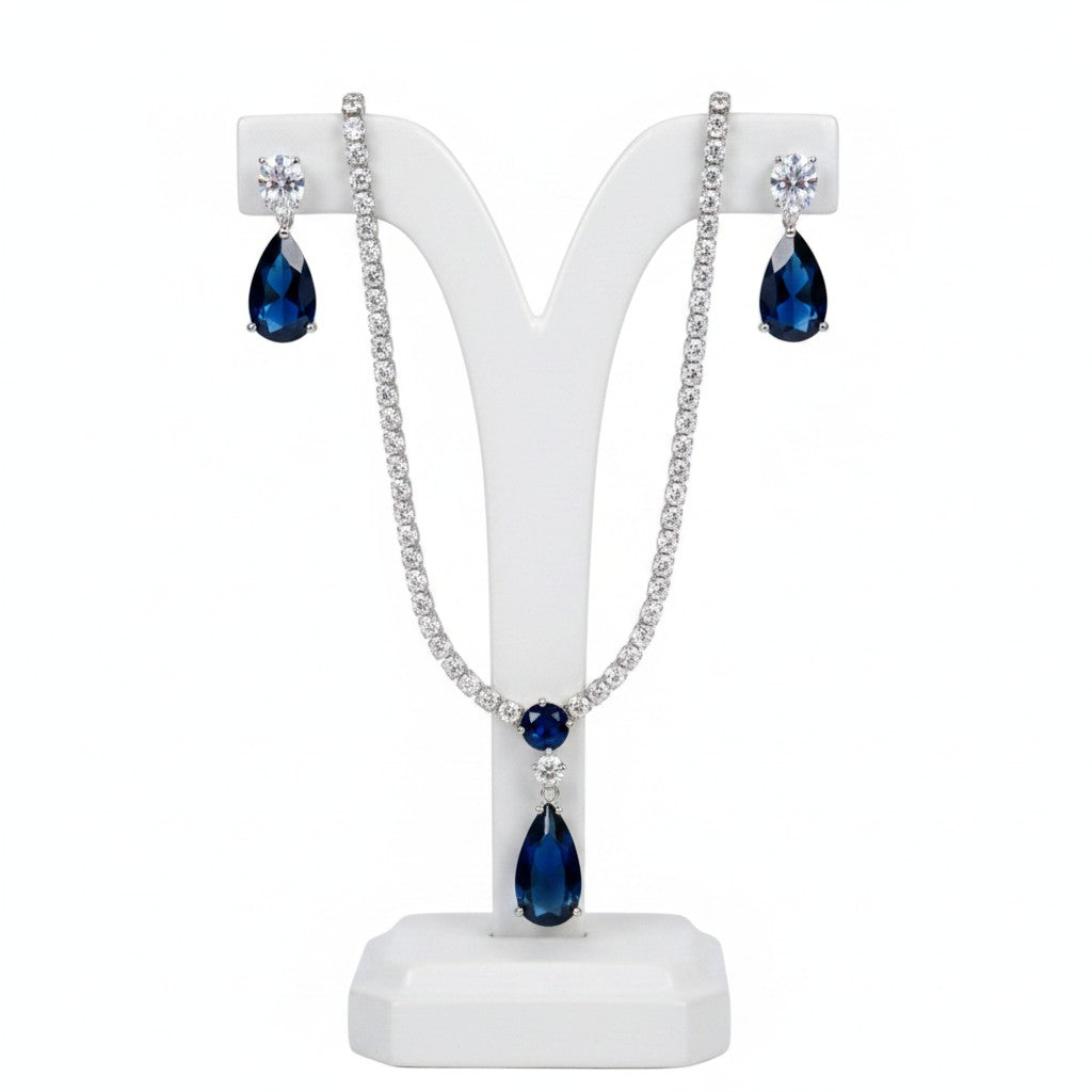 CUBIC ZIRCONIA COLLECTION - DAINTY STARLET GEM NECKLACE SET - CZNK244 SAPPHIRE