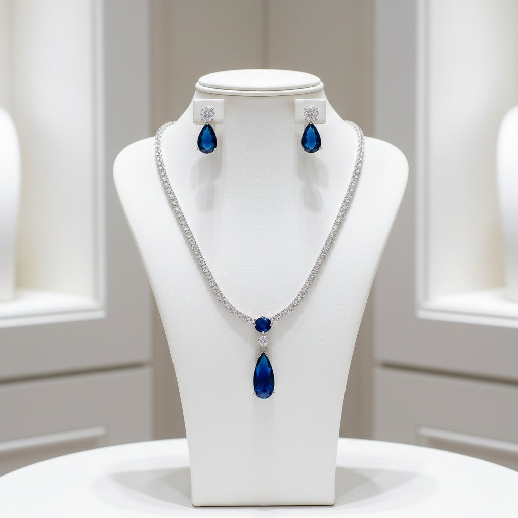 CUBIC ZIRCONIA COLLECTION - DAINTY STARLET GEM NECKLACE SET - CZNK244 SAPPHIRE