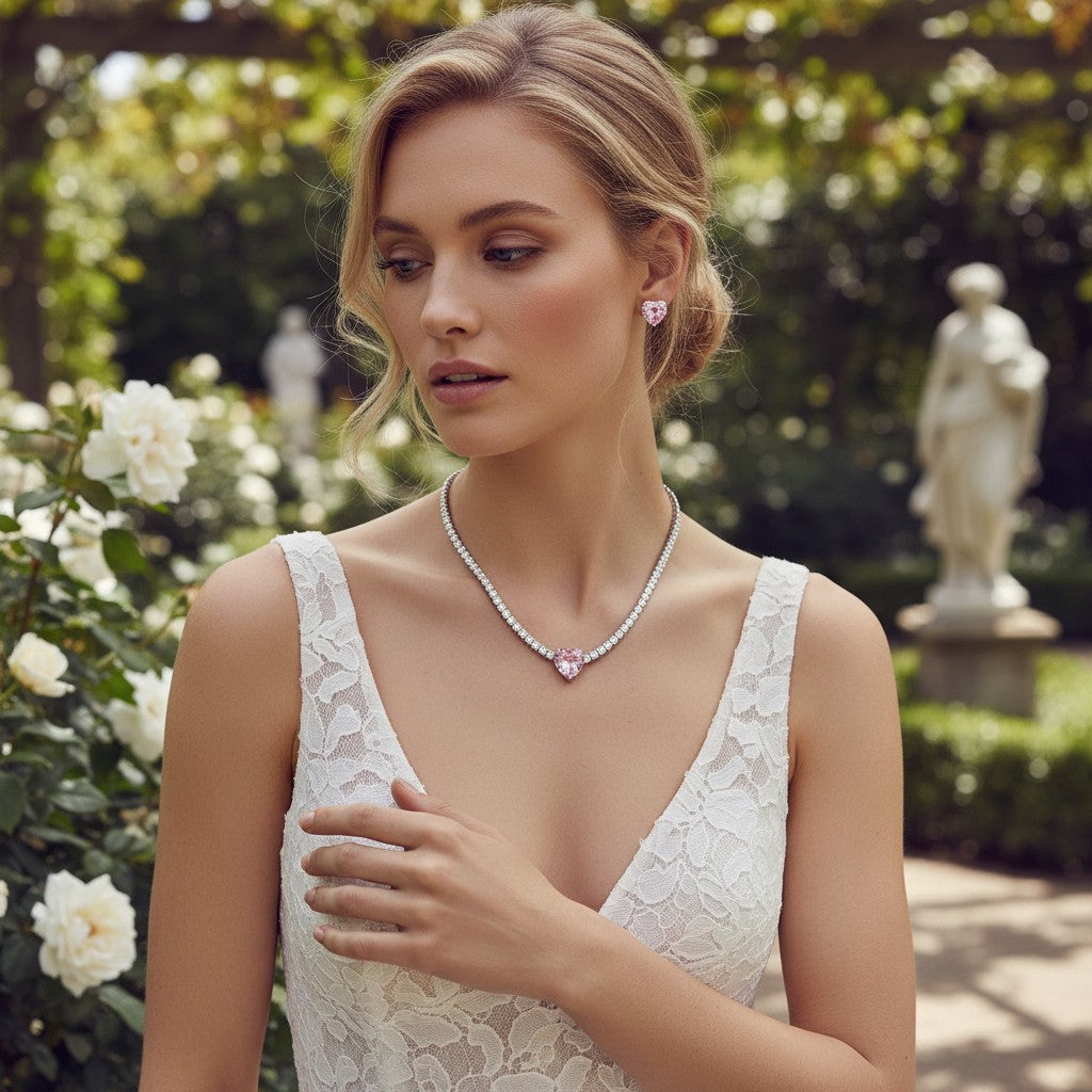 CUBIC ZIRCONIA COLLECTION - ALLURE HEART NECKLACE SET - CZNK245 BLUSH PINK