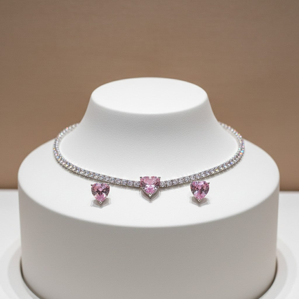CUBIC ZIRCONIA COLLECTION - ALLURE HEART NECKLACE SET - CZNK245 BLUSH PINK