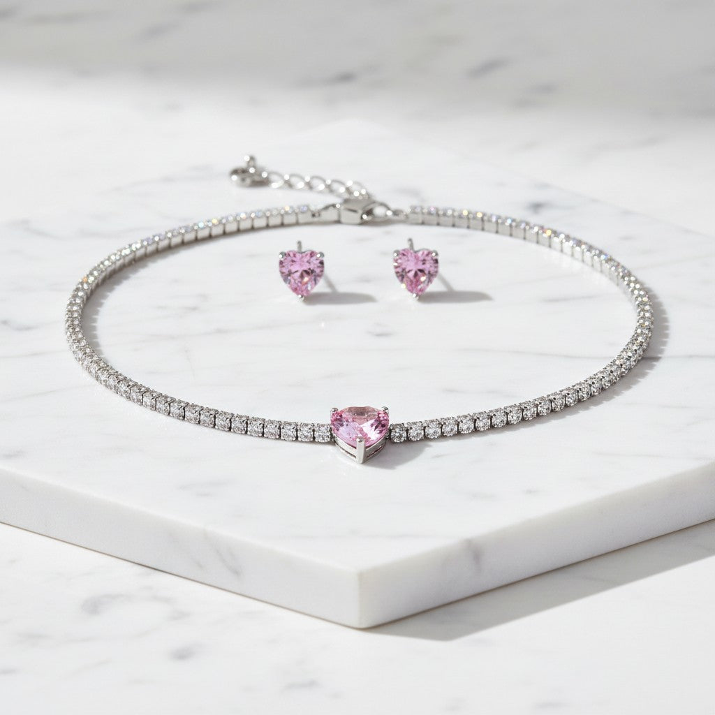 CUBIC ZIRCONIA COLLECTION - ALLURE HEART NECKLACE SET - CZNK245 BLUSH PINK