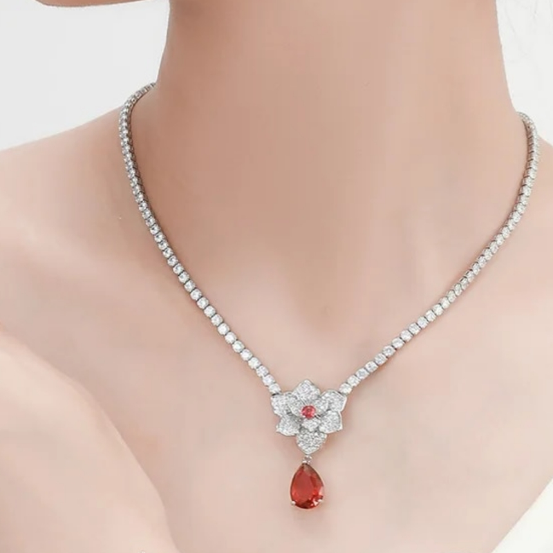 CUBIC ZIRCONIA COLLECTION - VINTAGE INSPIRED NECKLACE SET - CZNK246 RED