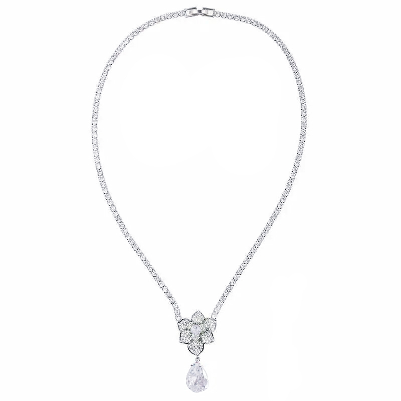 CUBIC ZIRCONIA COLLECTION - VINTAGE INSPIRED NECKLACE SET - CZNK246 SILVER