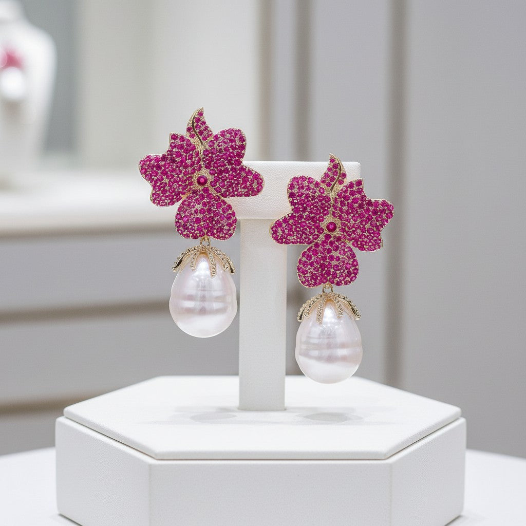 CUBIC ZIRCONIA COLLECTION - VINTAGE FLOWER EARRINGS - CZER803 HOT PINK