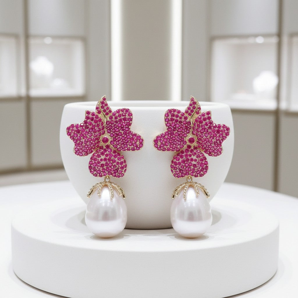 CUBIC ZIRCONIA COLLECTION - VINTAGE FLOWER EARRINGS - CZER803 HOT PINK