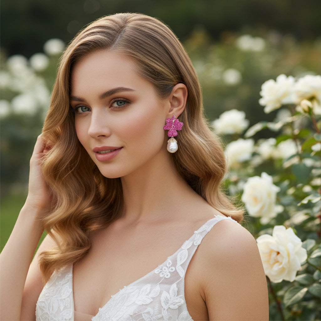CUBIC ZIRCONIA COLLECTION - VINTAGE FLOWER EARRINGS - CZER803 HOT PINK