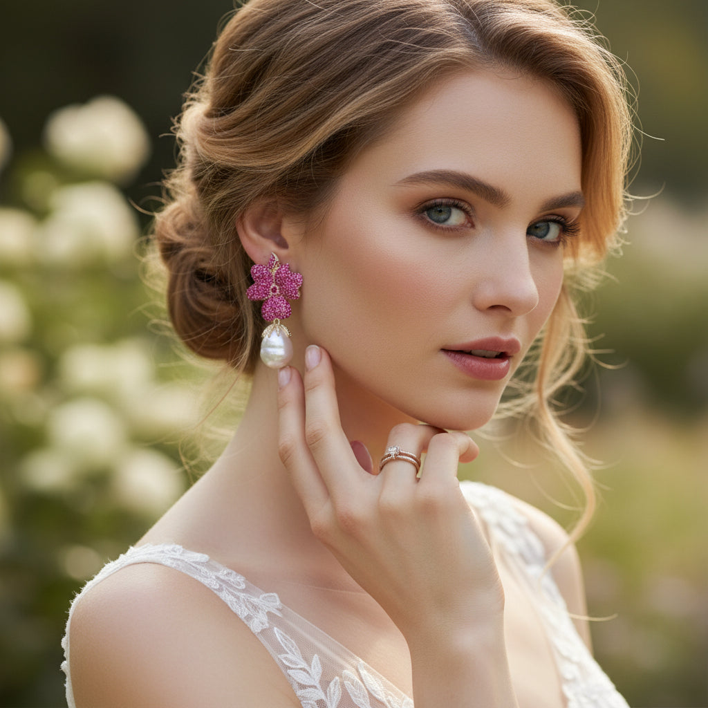 CUBIC ZIRCONIA COLLECTION - VINTAGE FLOWER EARRINGS - CZER803 HOT PINK