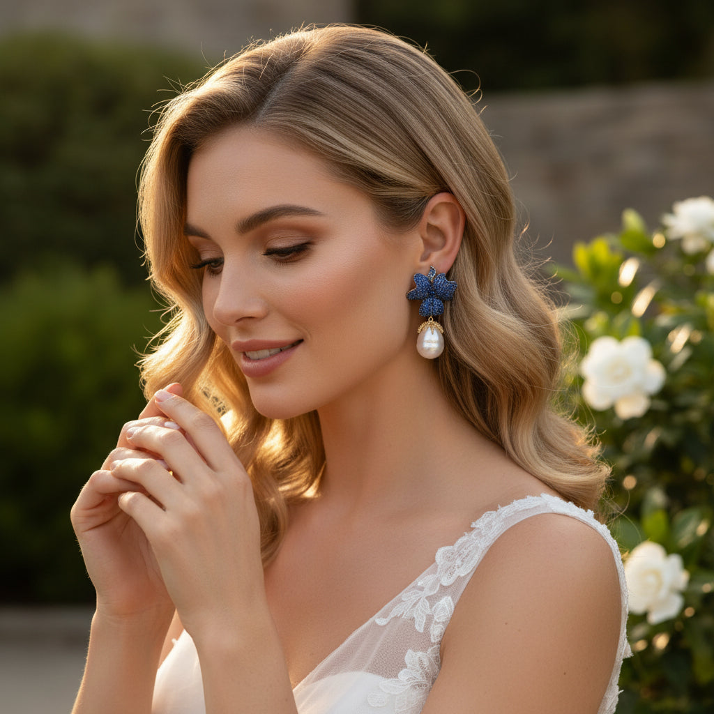 CUBIC ZIRCONIA COLLECTION - VINTAGE FLOWER EARRINGS - CZER803 BLUE