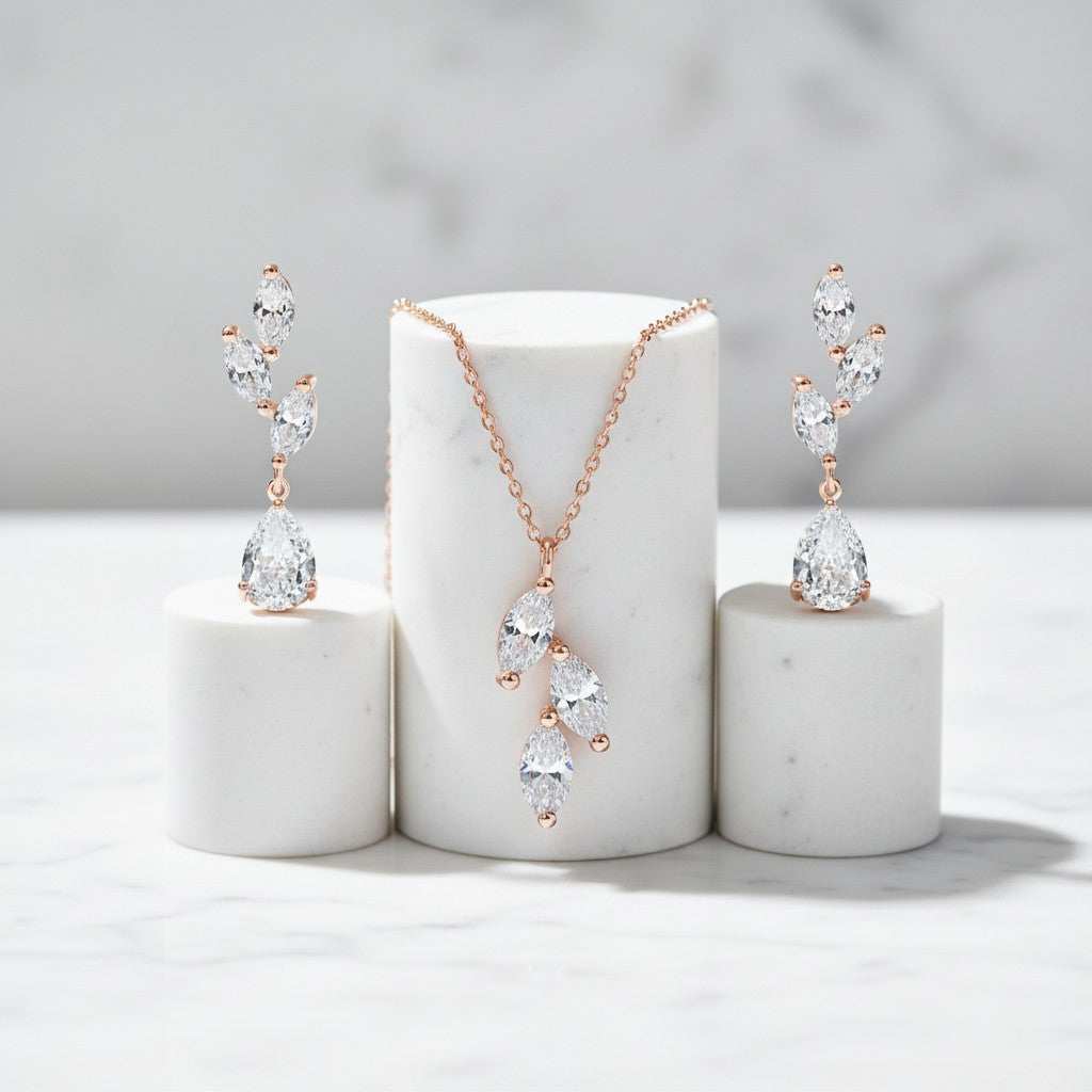 CUBIC ZIRCONIA COLLECTION - DAINTY ELEGANCE NECKLACE SET- CZNK204 ROSE GOLD