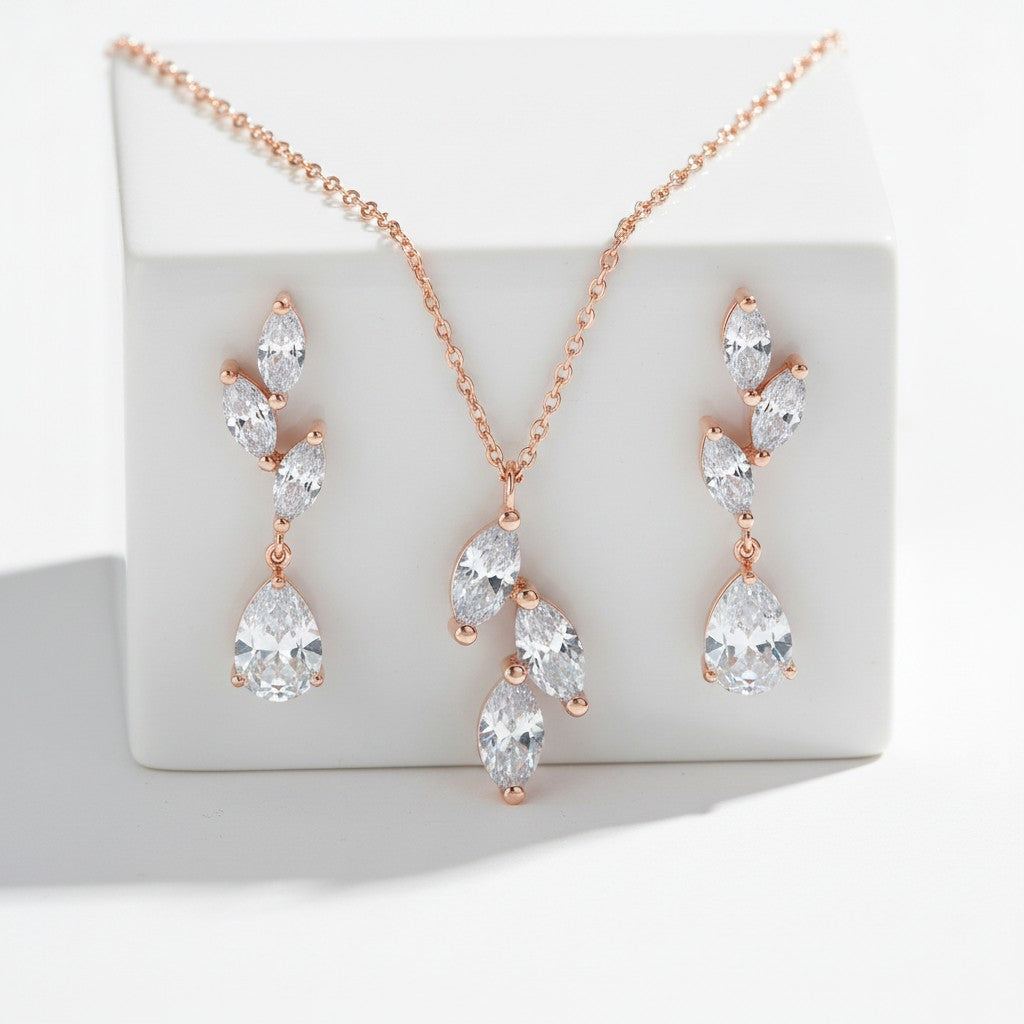 CUBIC ZIRCONIA COLLECTION - DAINTY ELEGANCE NECKLACE SET- CZNK204 ROSE GOLD