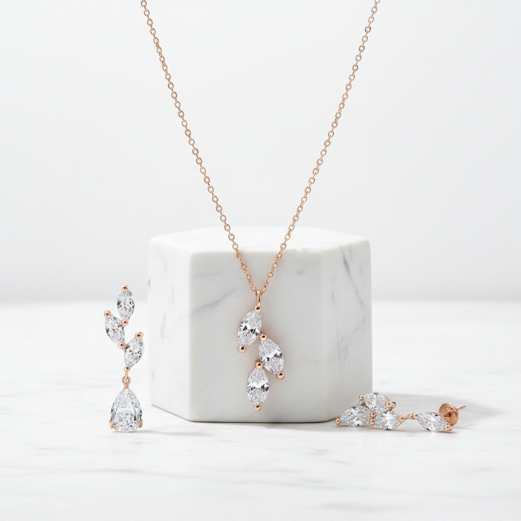 CUBIC ZIRCONIA COLLECTION - DAINTY ELEGANCE NECKLACE SET- CZNK204 ROSE GOLD
