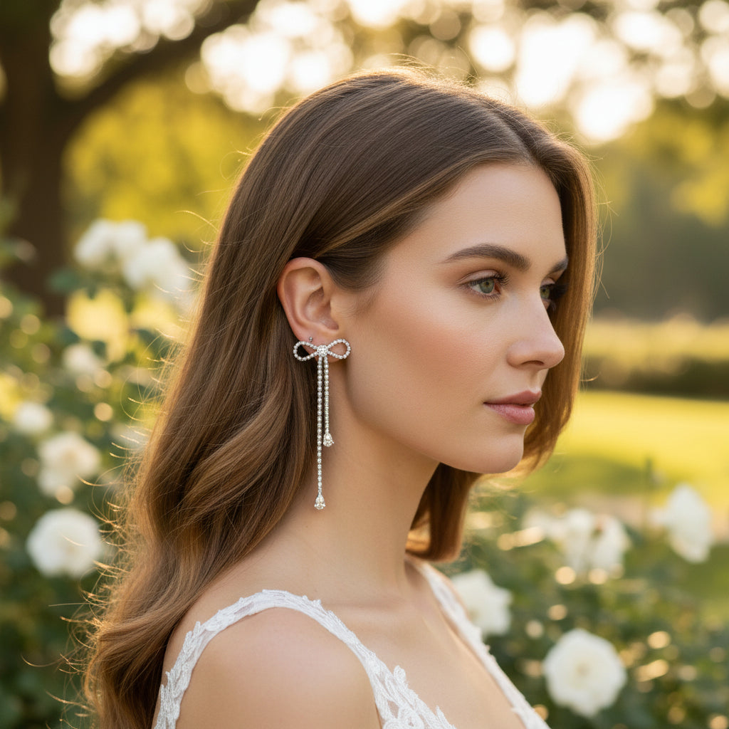 CUBIC ZIRCONIA COLLECTION - CRYSTAL BOW EARRINGS - CZER806 SILVER