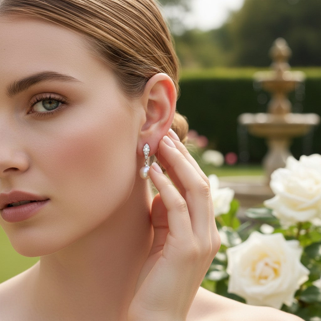 CUBIC ZIRCONIA COLLECTION - DAINTY PEARL DROP EARRINGS - CZER427