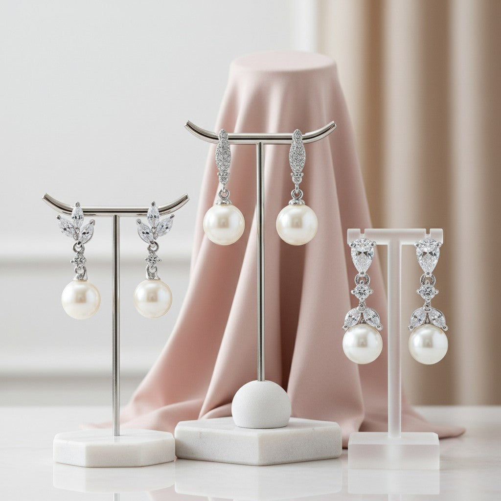 CUBIC ZIRCONIA COLLECTION - DAINTY PEARL COLLECTION - (THREE PAIRS) SILVER