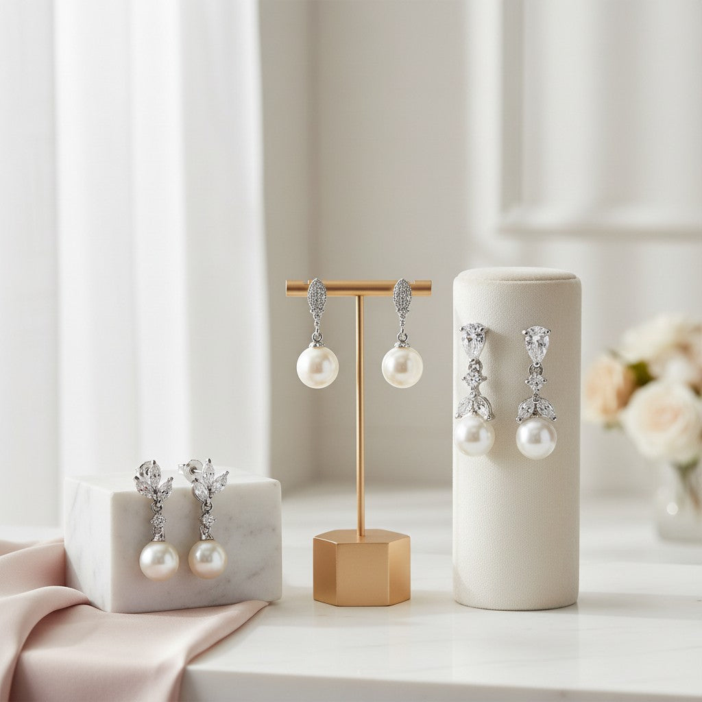 CUBIC ZIRCONIA COLLECTION - DAINTY PEARL COLLECTION - (THREE PAIRS) SILVER