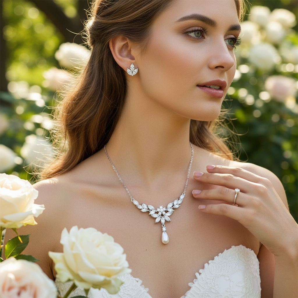 CUBIC ZIRCONIA COLLECTION - OPULENCE NECKLACE SET CZNK249 SILVER