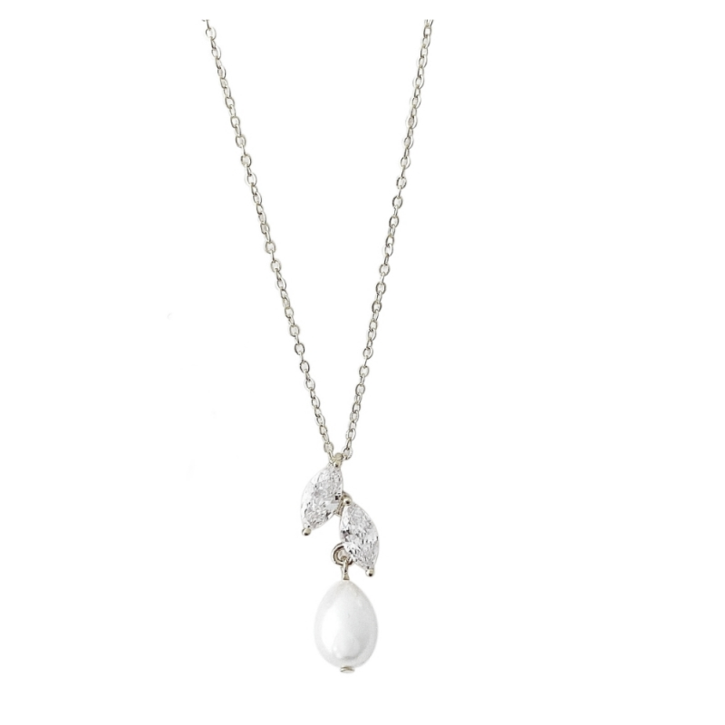 CUBIC ZIRCONIA COLLECTION - VINE FRESHWATER PEARL NECKLACE- CZNK251 SILVER