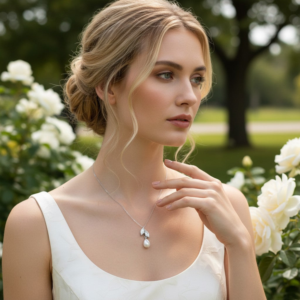 CUBIC ZIRCONIA COLLECTION - VINE FRESHWATER PEARL NECKLACE- CZNK251 SILVER