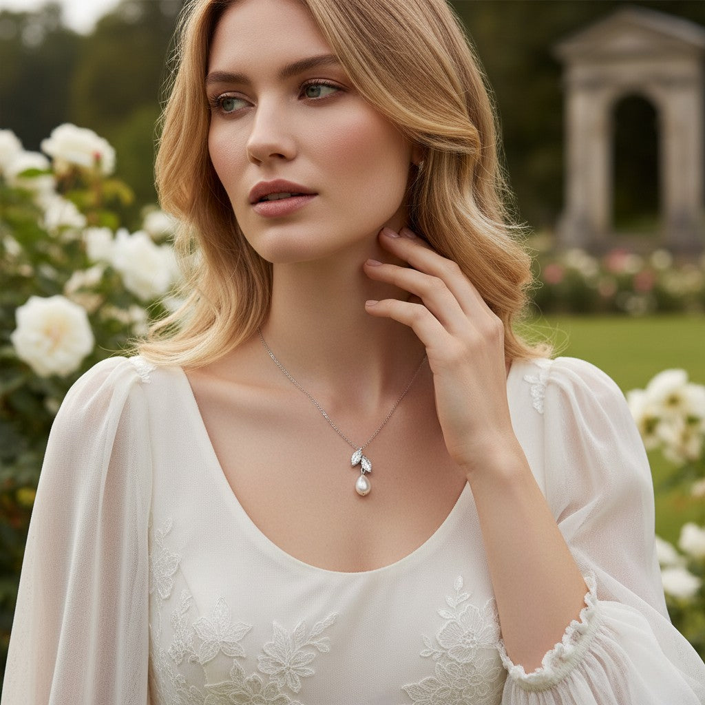 CUBIC ZIRCONIA COLLECTION - VINE FRESHWATER PEARL NECKLACE- CZNK251 SILVER