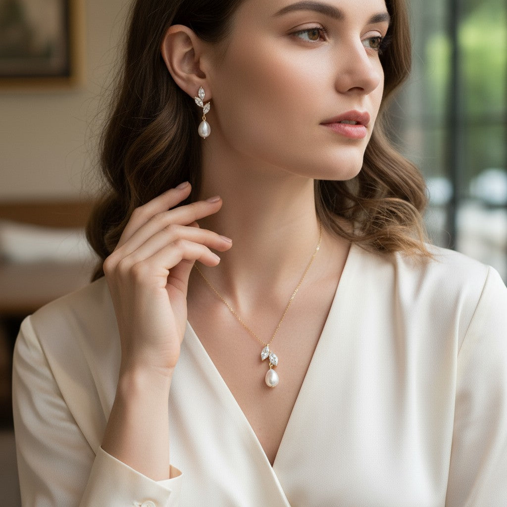CUBIC ZIRCONIA COLLECTION - VINE FRESHWATER PEARL NECKLACE SET - CZNK252 SILVER