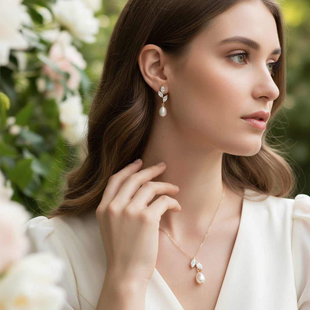 CUBIC ZIRCONIA COLLECTION - VINE FRESHWATER PEARL NECKLACE SET - CZNK252 GOLD