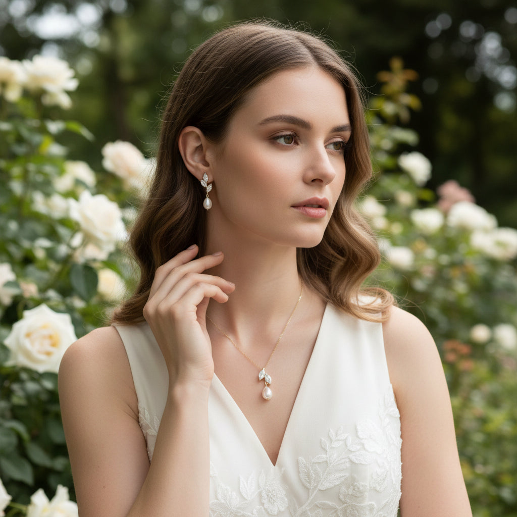 CUBIC ZIRCONIA COLLECTION - VINE FRESHWATER PEARL NECKLACE SET - CZNK252 GOLD