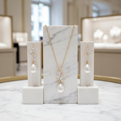 CUBIC ZIRCONIA COLLECTION - VINE FRESHWATER PEARL NECKLACE SET - CZNK252 GOLD