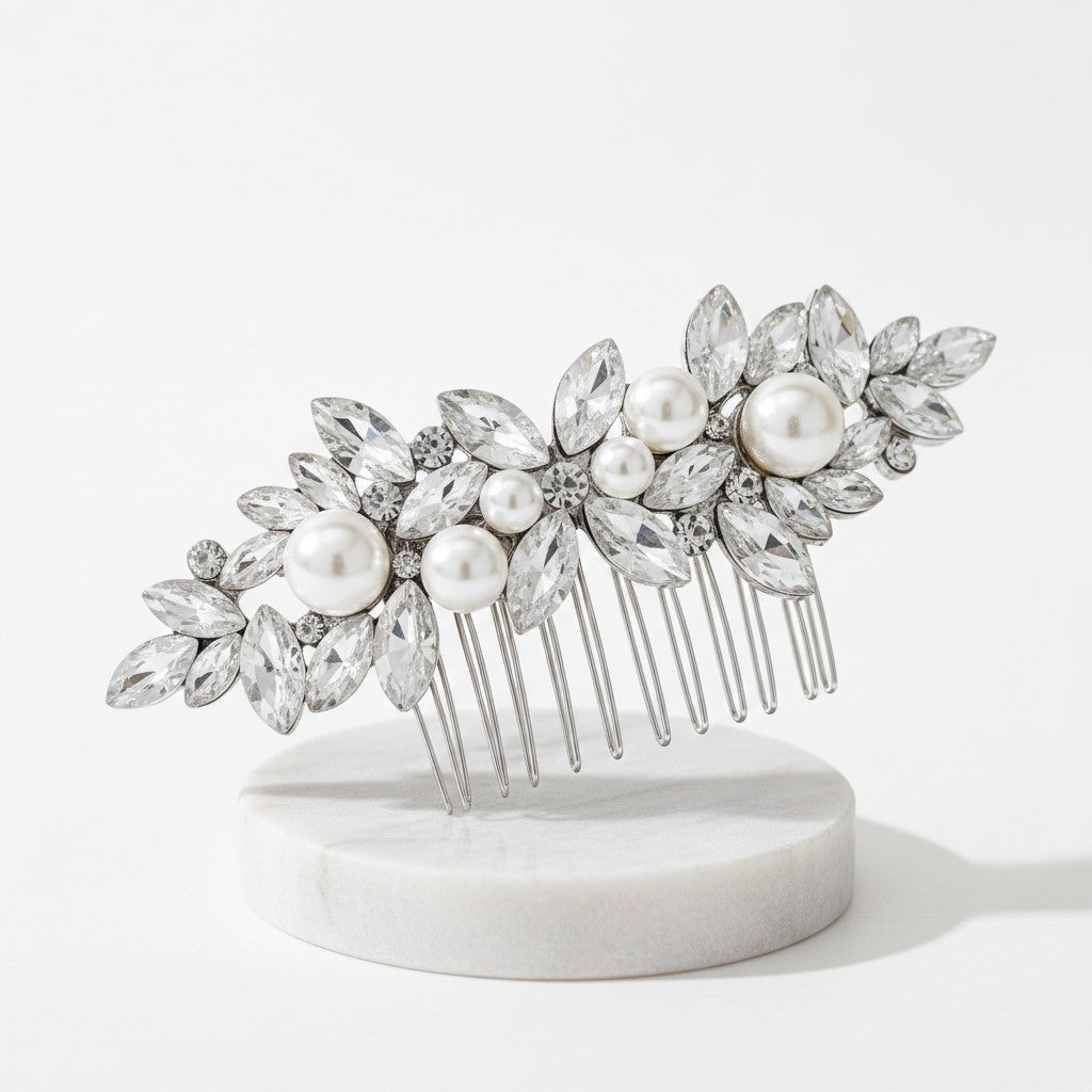 ATHENA COLLECTION - DAINTY VINTAGE PEARL COMB - HC298 SILVER