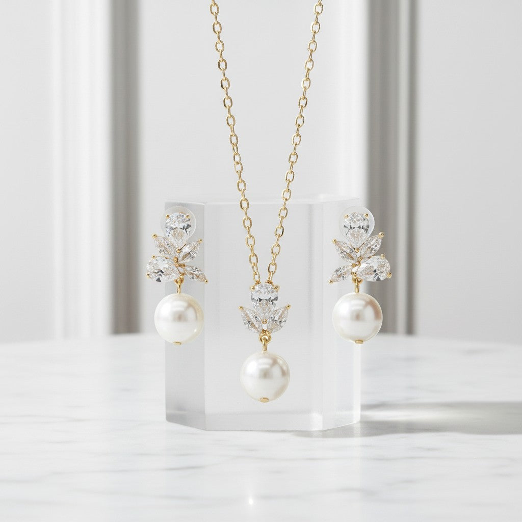 CUBIC ZIRCONIA COLLECTION - VINTAGE SHIMMER NECKLACE SET - CZNK253 GOLD